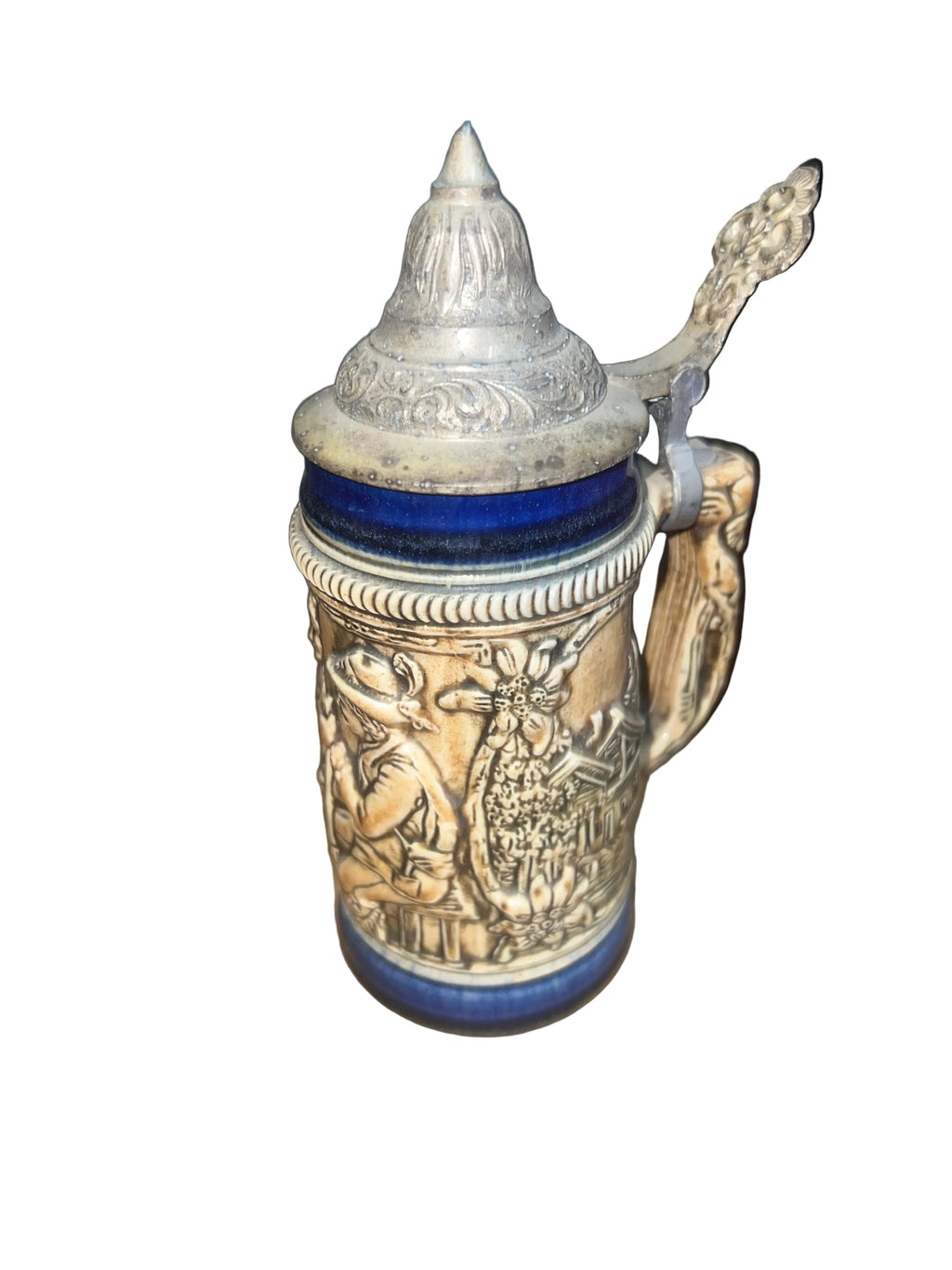 Pair of Vintage German Beer Steins with Pewter Lids | Hand-Painted & Relief Stoneware | Made in Germany
