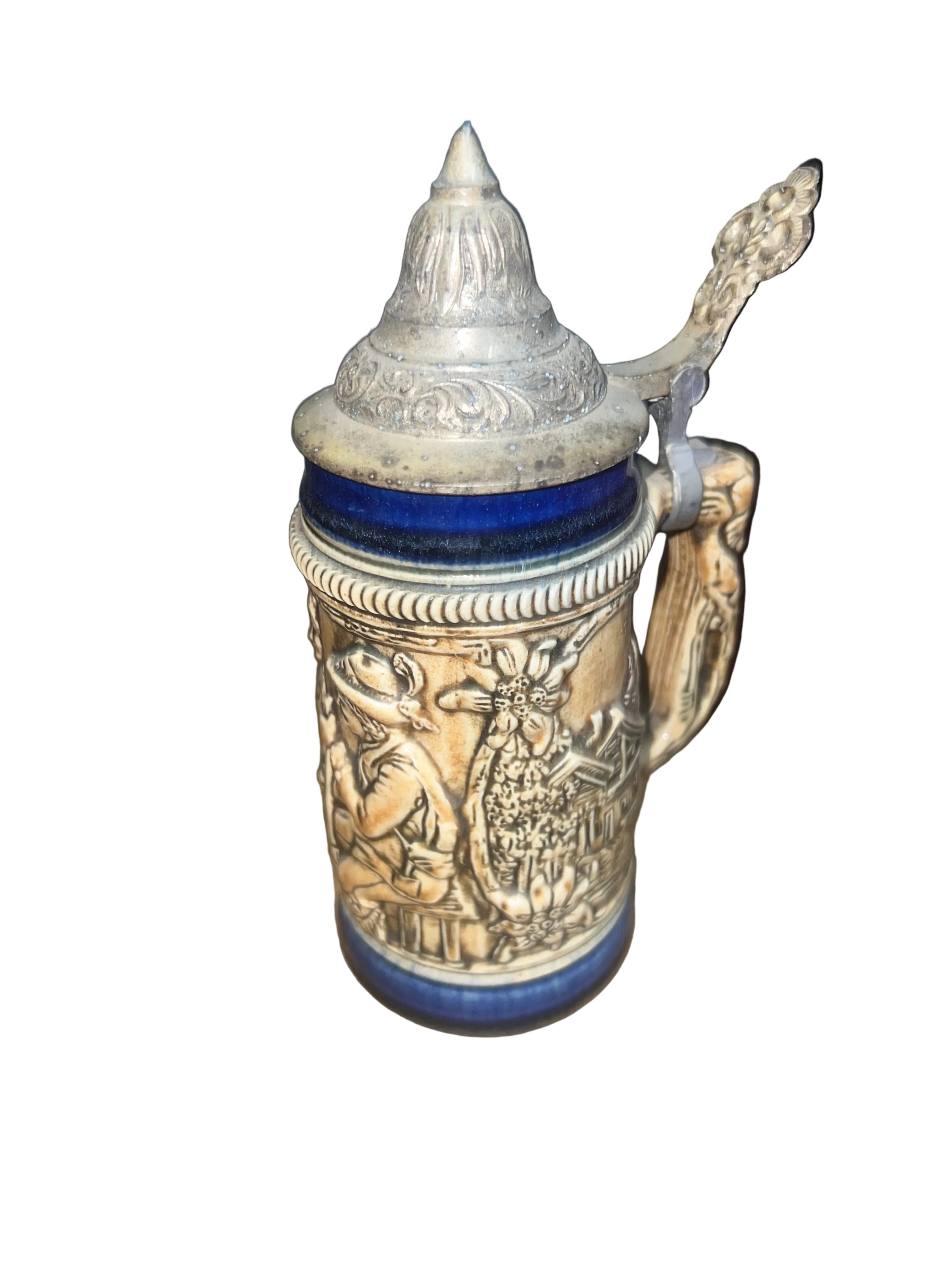 Pair of Vintage German Beer Steins with Pewter Lids | Hand-Painted & Relief Stoneware | Made in Germany