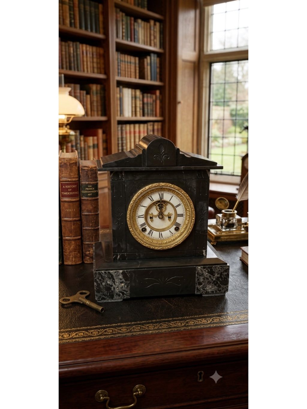 Antique Ansonia Black Slate & Verte Marble Mantel Clock (c. 1880)