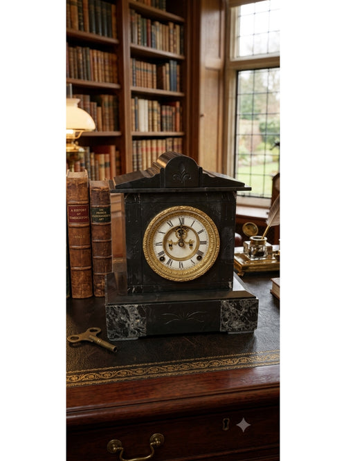 Antique Ansonia Black Slate & Verte Marble Mantel Clock (c. 1880)