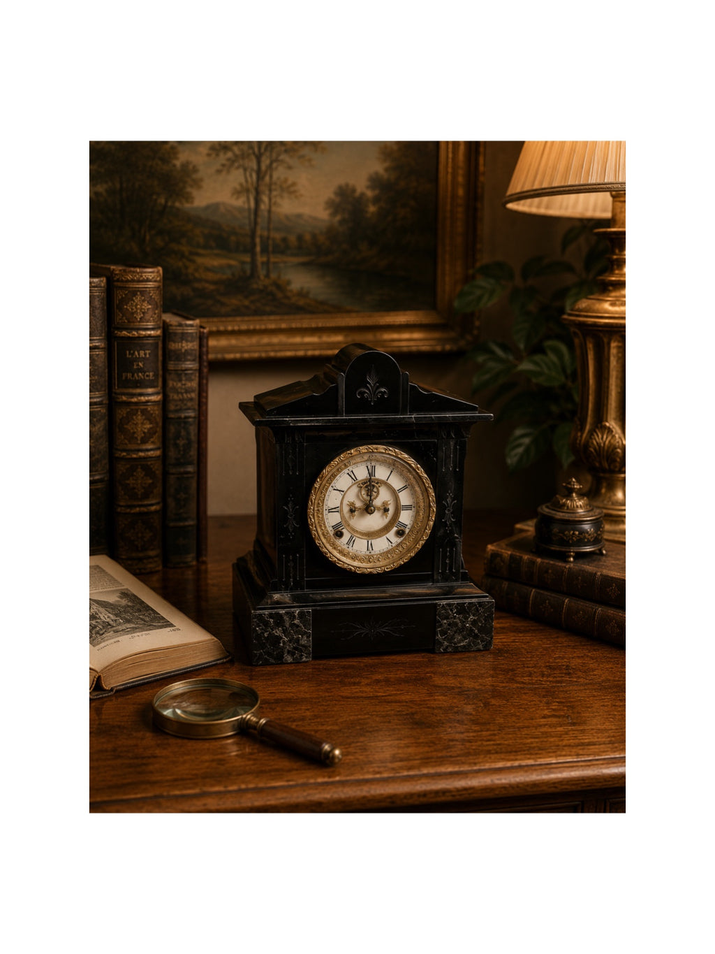 Antique Ansonia Black Slate & Verte Marble Mantel Clock (c. 1880)