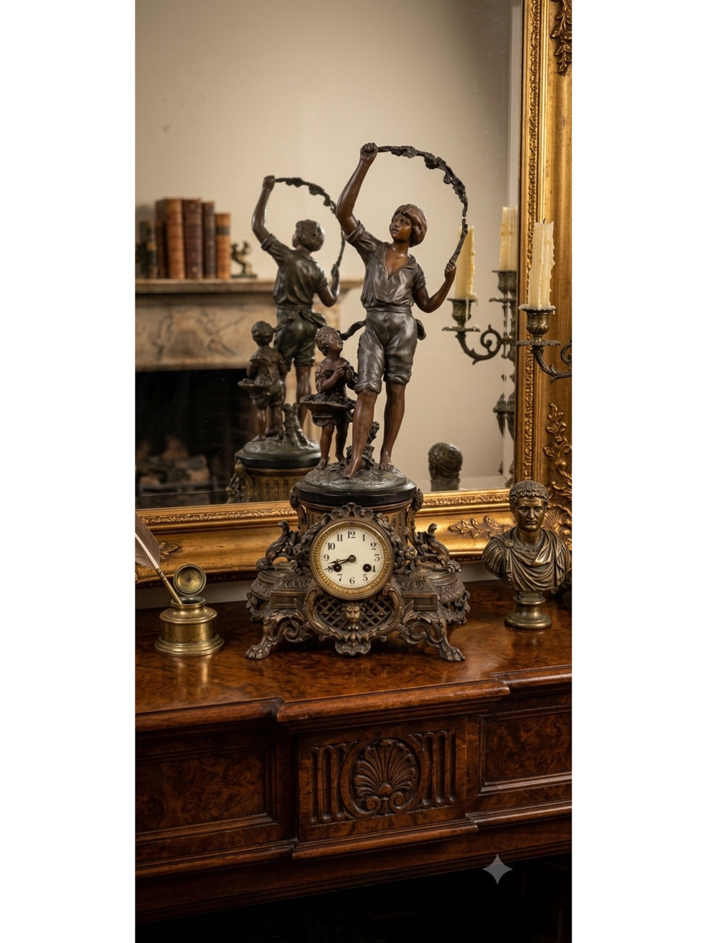 Rare French Belle Époque Figural Mantel Clock - Two Children with Flower Garland