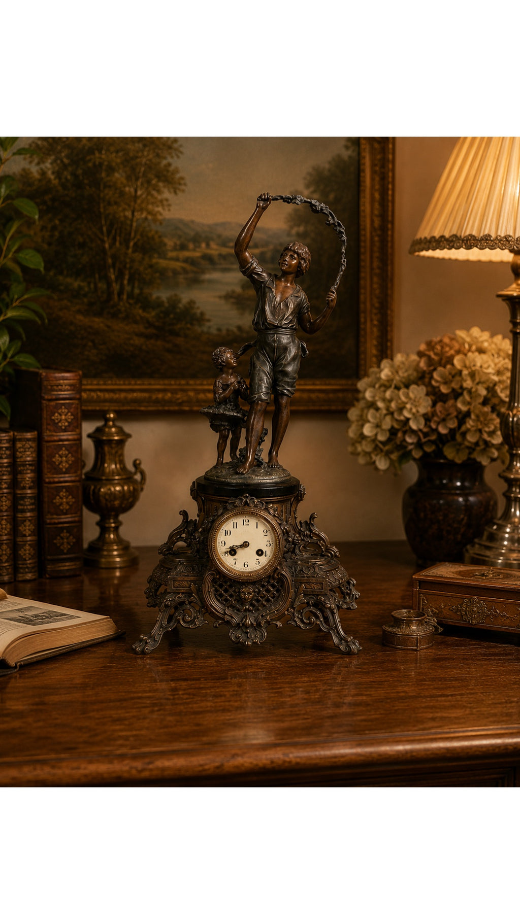 Rare French Belle Époque Figural Mantel Clock - Two Children with Flower Garland