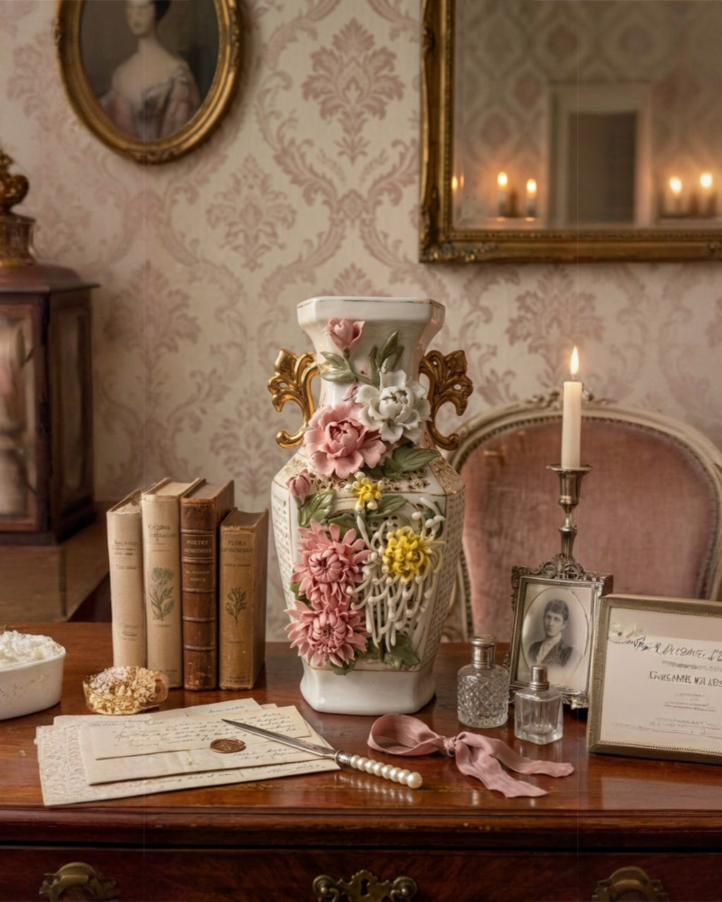 Grand Italian-Style Porcelain Floral Vase – Hand-Applied Chrysanthemum & Peony Relief