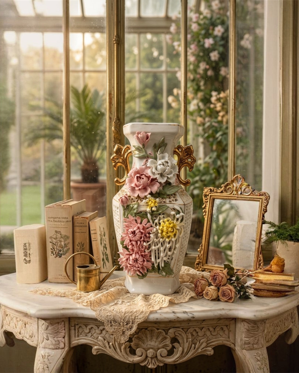 Grand Italian-Style Porcelain Floral Vase – Hand-Applied Chrysanthemum & Peony Relief
