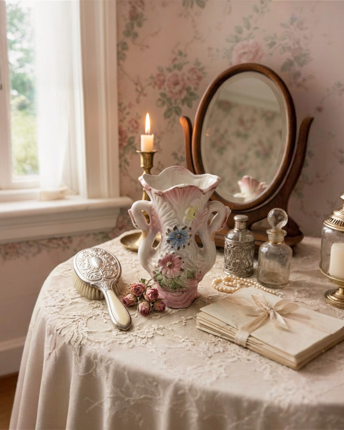 Victorian Porcelain Swan-Handled Vase | Pink & White | Floral Relief | Gold Trim | Antique