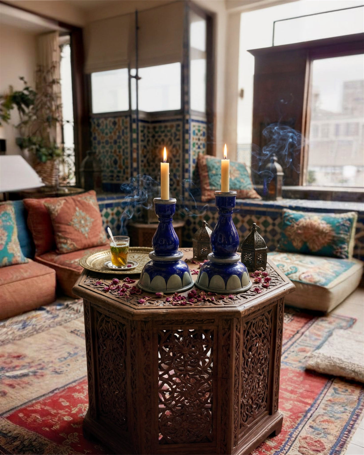 Vintage Moroccan Cobalt Blue Glass & White Metal Candlestick Holders — Matched Pair