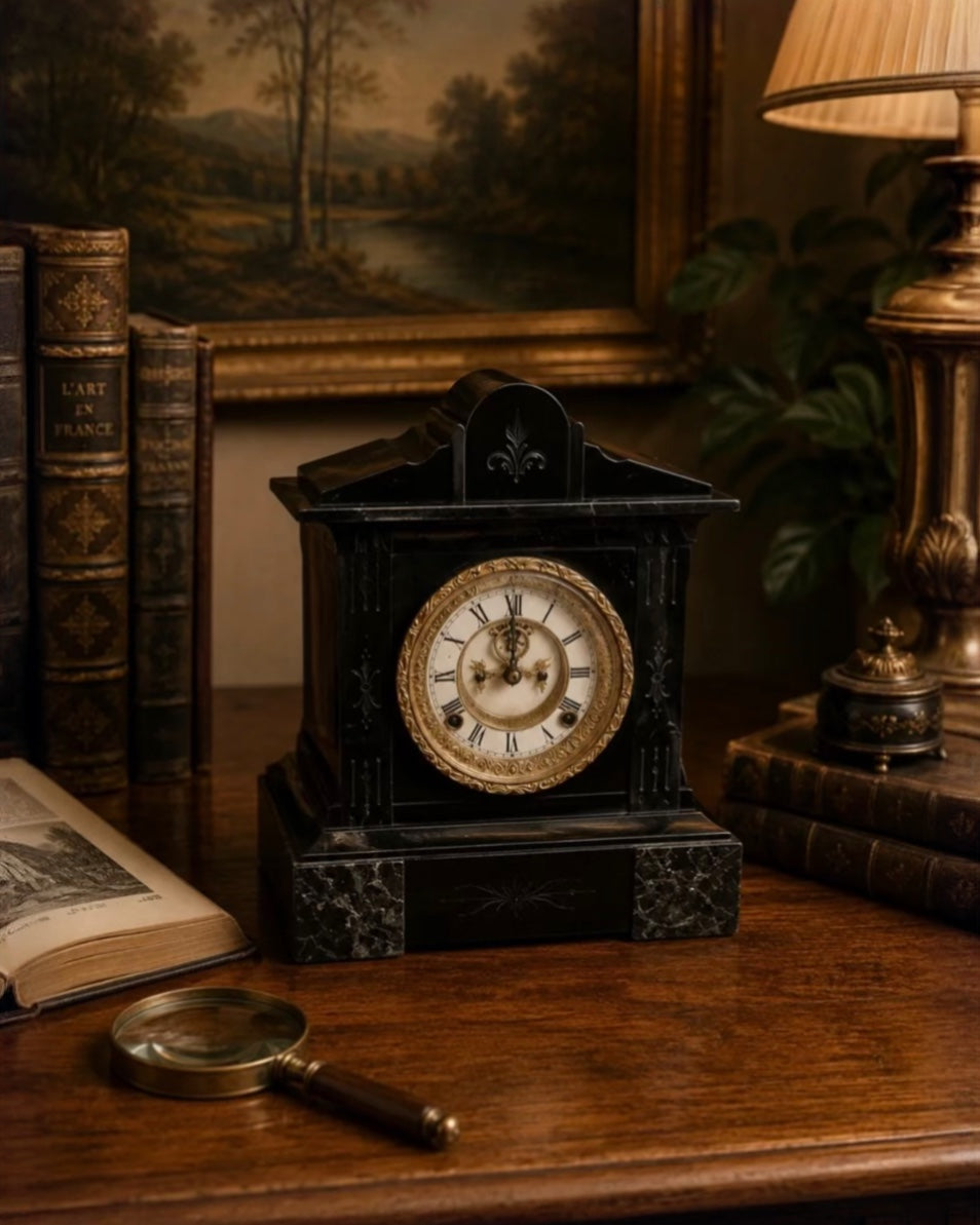 Antique Ansonia Black Slate & Verte Marble Mantel Clock (c. 1880)