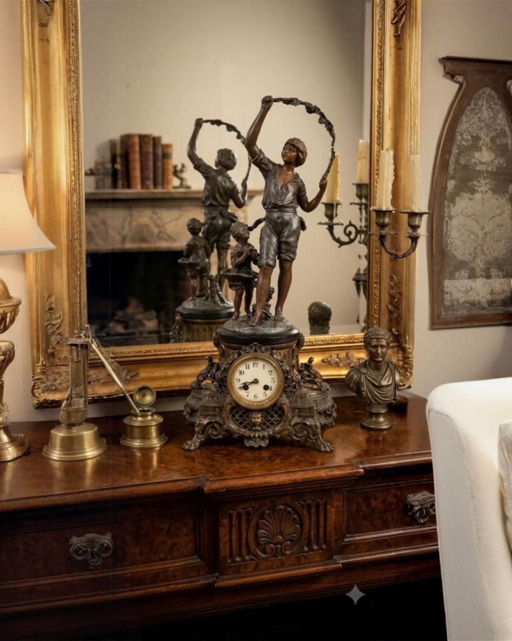 Rare French Belle Époque Figural Mantel Clock - Two Children with Flower Garland