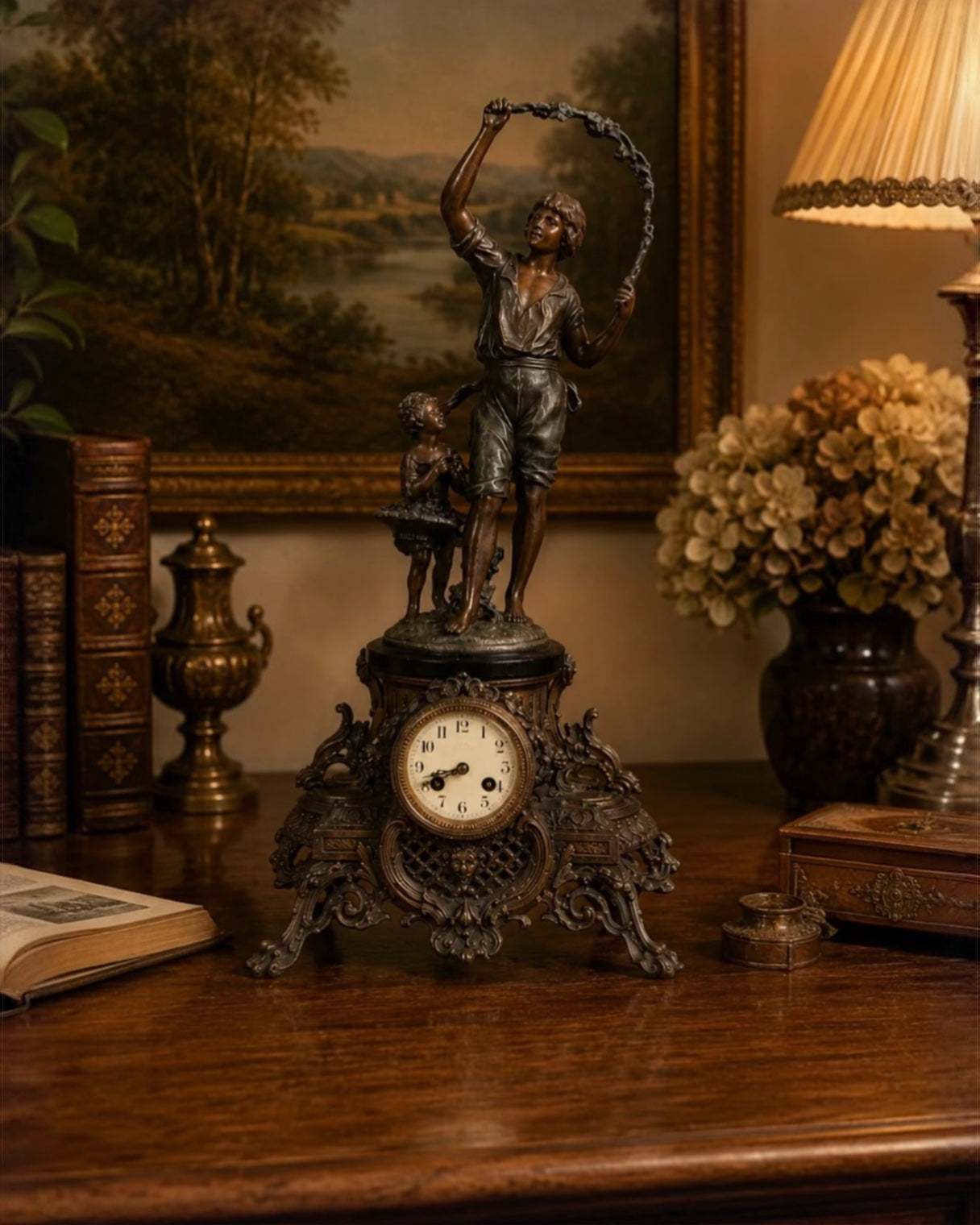 Rare French Belle Époque Figural Mantel Clock - Two Children with Flower Garland