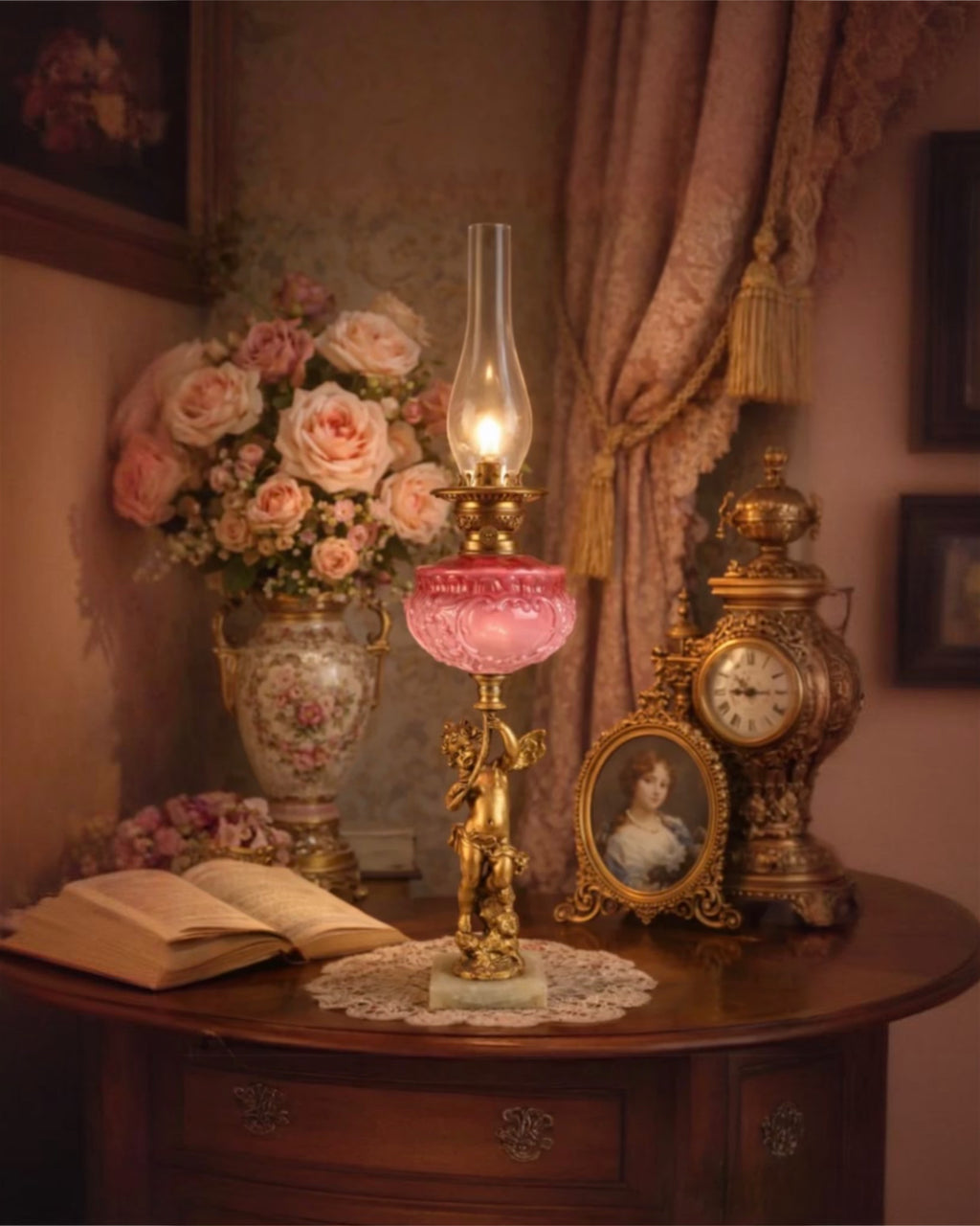 Antique Victorian Cranberry Glass & Gilt Bronze Cherub Banquet Oil Lamp