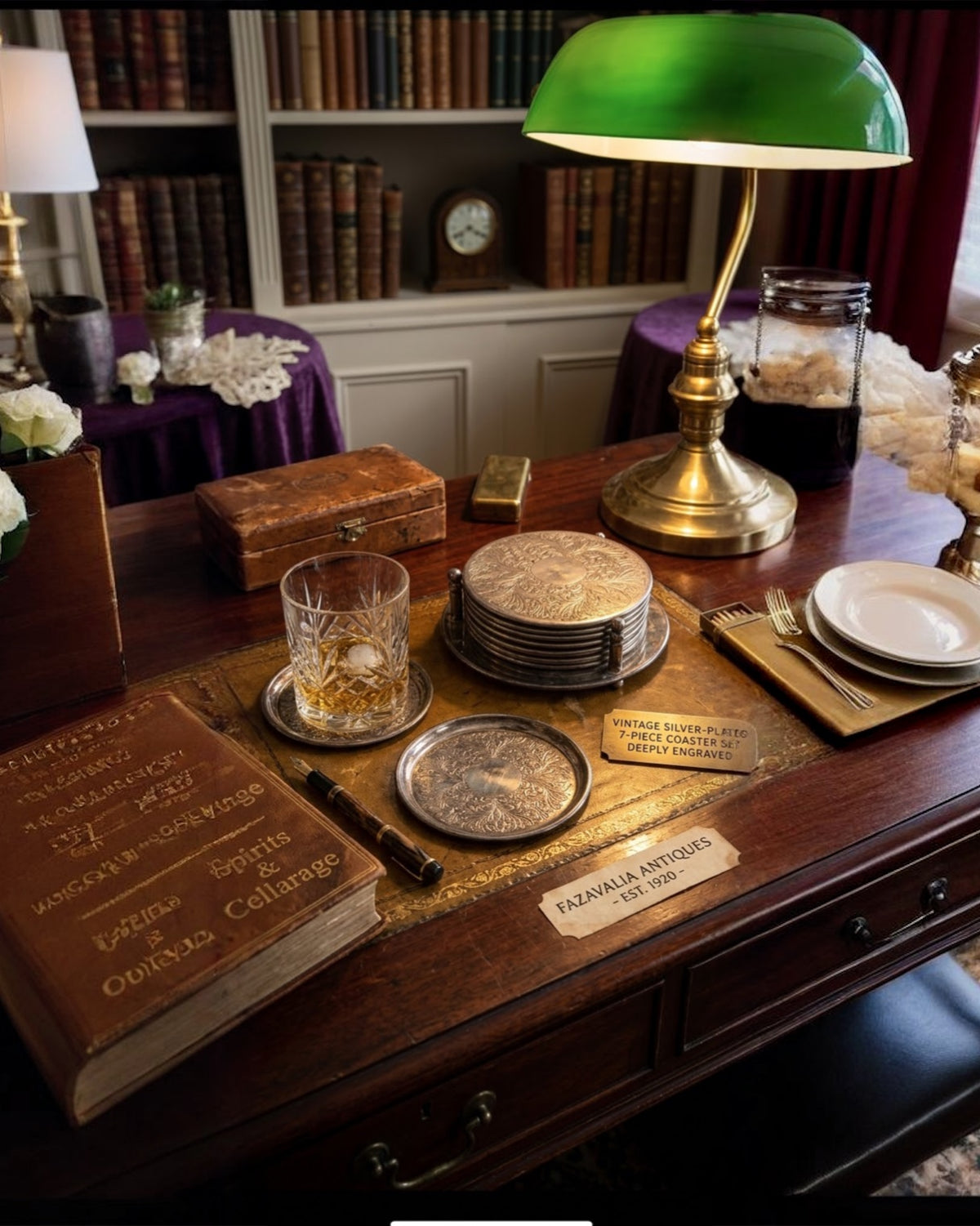 Vintage Silver-Plated 7-Piece Coaster Set | Deeply Engraved | Original Box | Barware