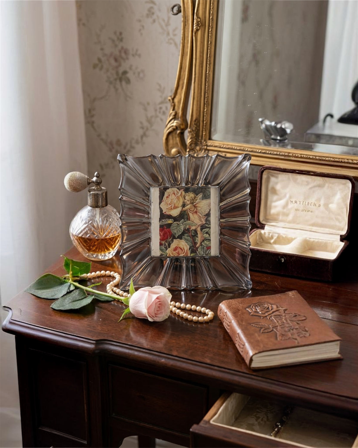 Vintage Mikasa Monarch Square Fluted Crystal Picture Frame with Rose Fairy Print