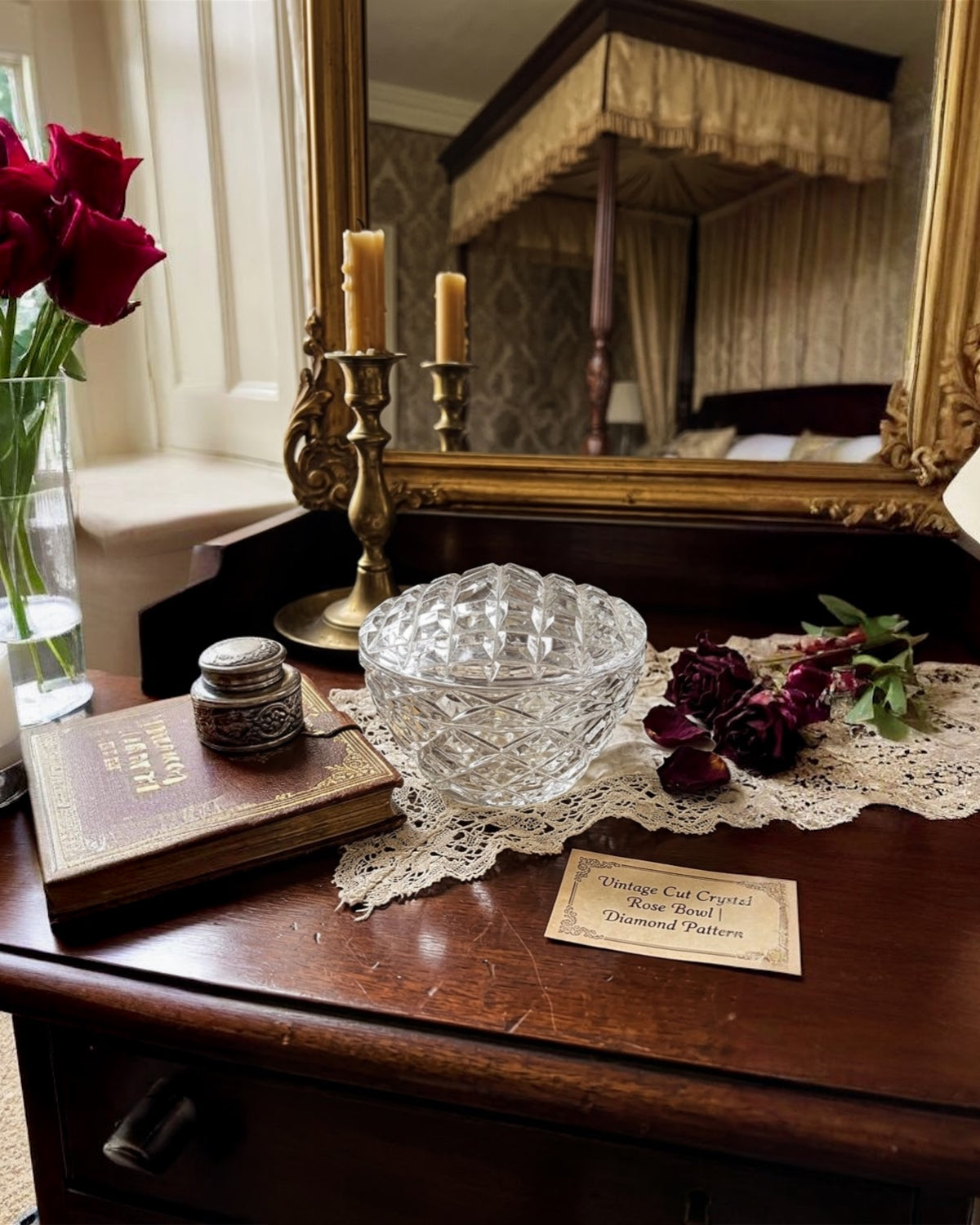 Vintage Cut Crystal Rose Bowl | Diamond Pattern | Small Lidded Bowl | Floral Display