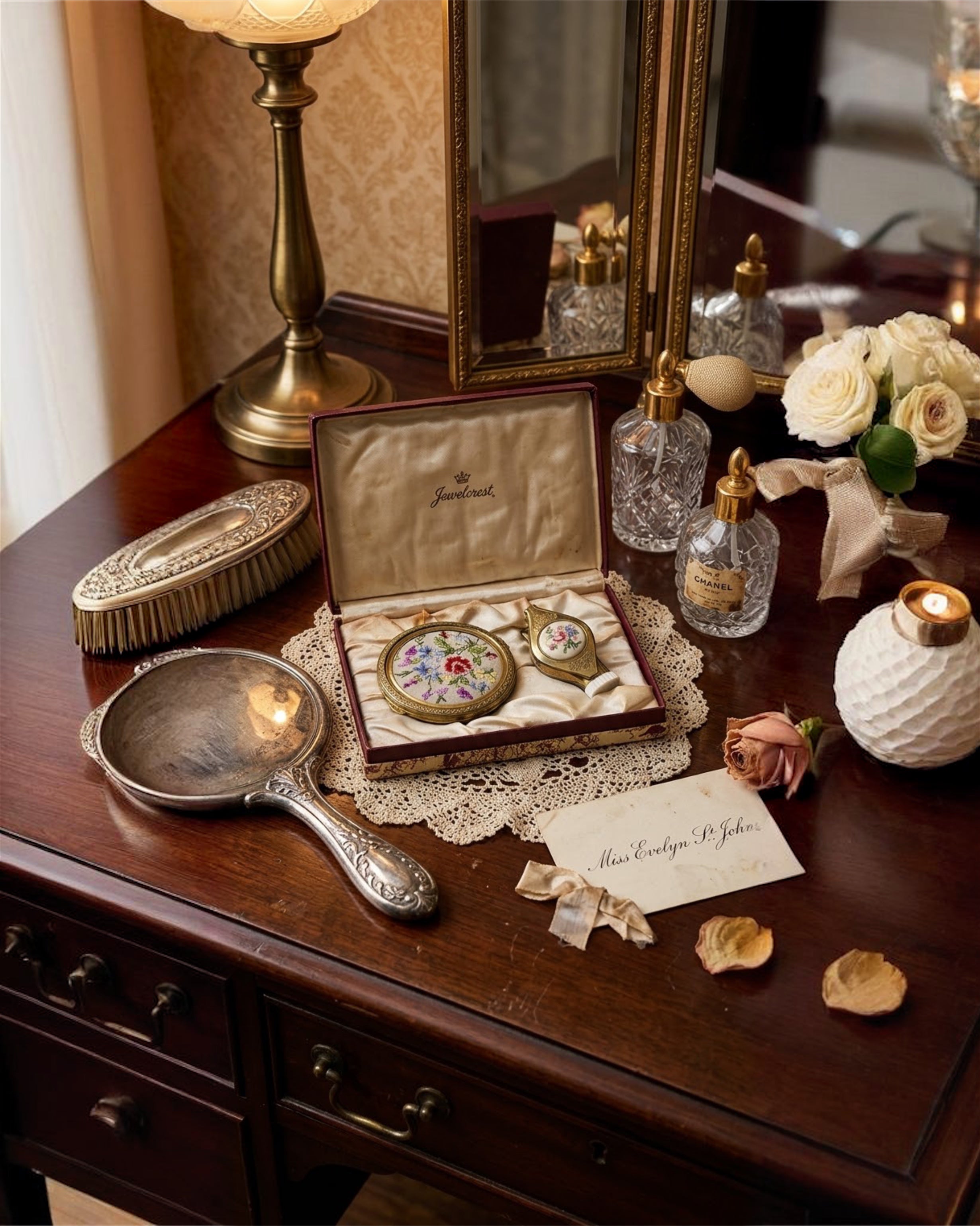 Rare Vintage 1950s Jewelcrest Needlepoint Vanity Set - Original Boxed Set