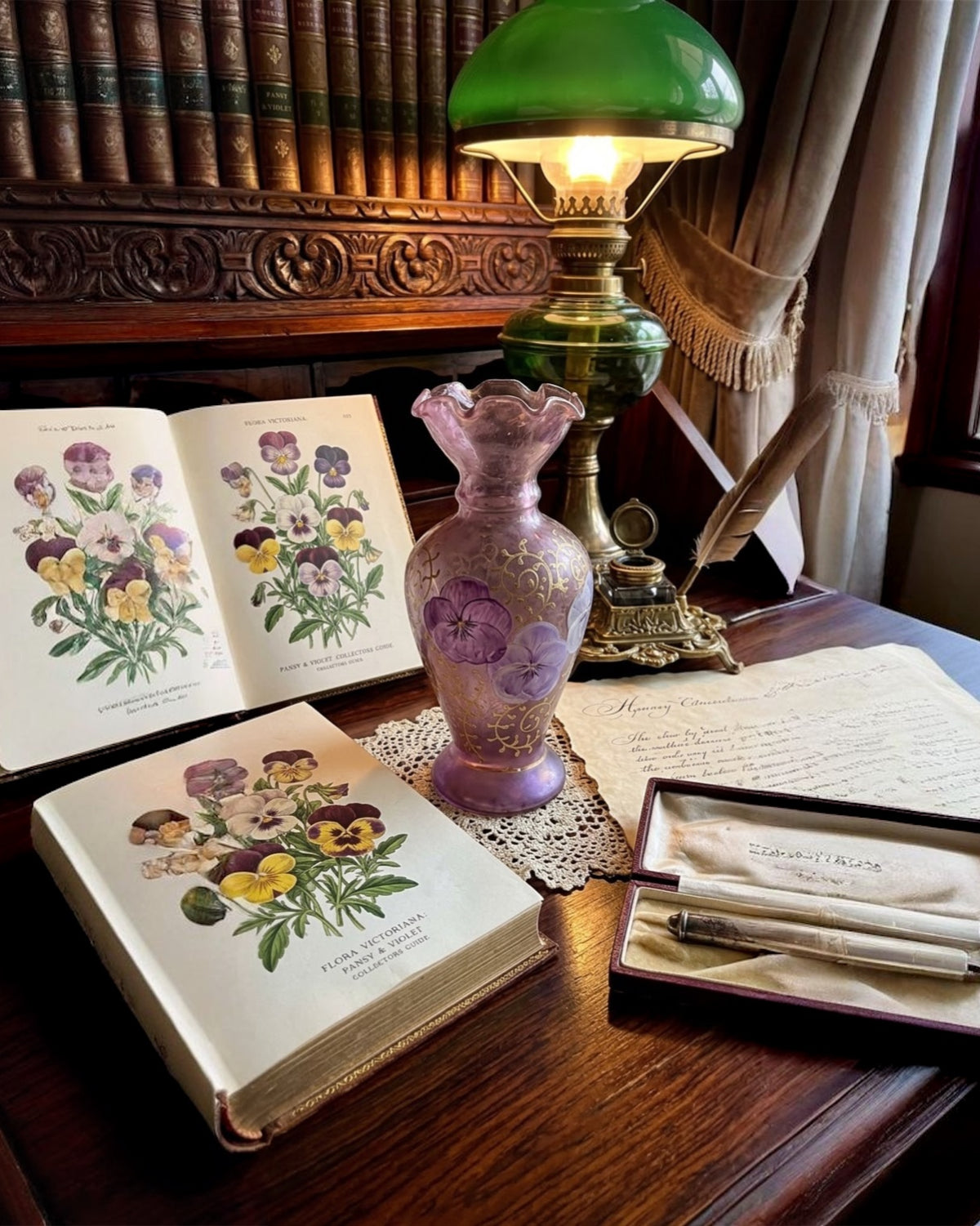 Handbemalte Amethyst-Glas-Vase im Vintage Tracy Porter Stil – violette Stiefmütterchen & goldene Schnörkel
