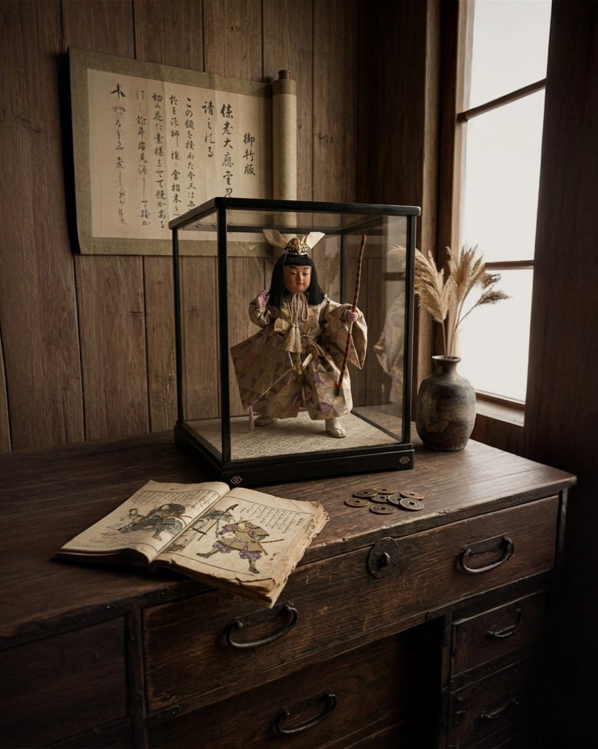 Vintage Japanische Musha Ningyo – Traditionelle Samurai-Kriegerpuppe in Glasvitrine