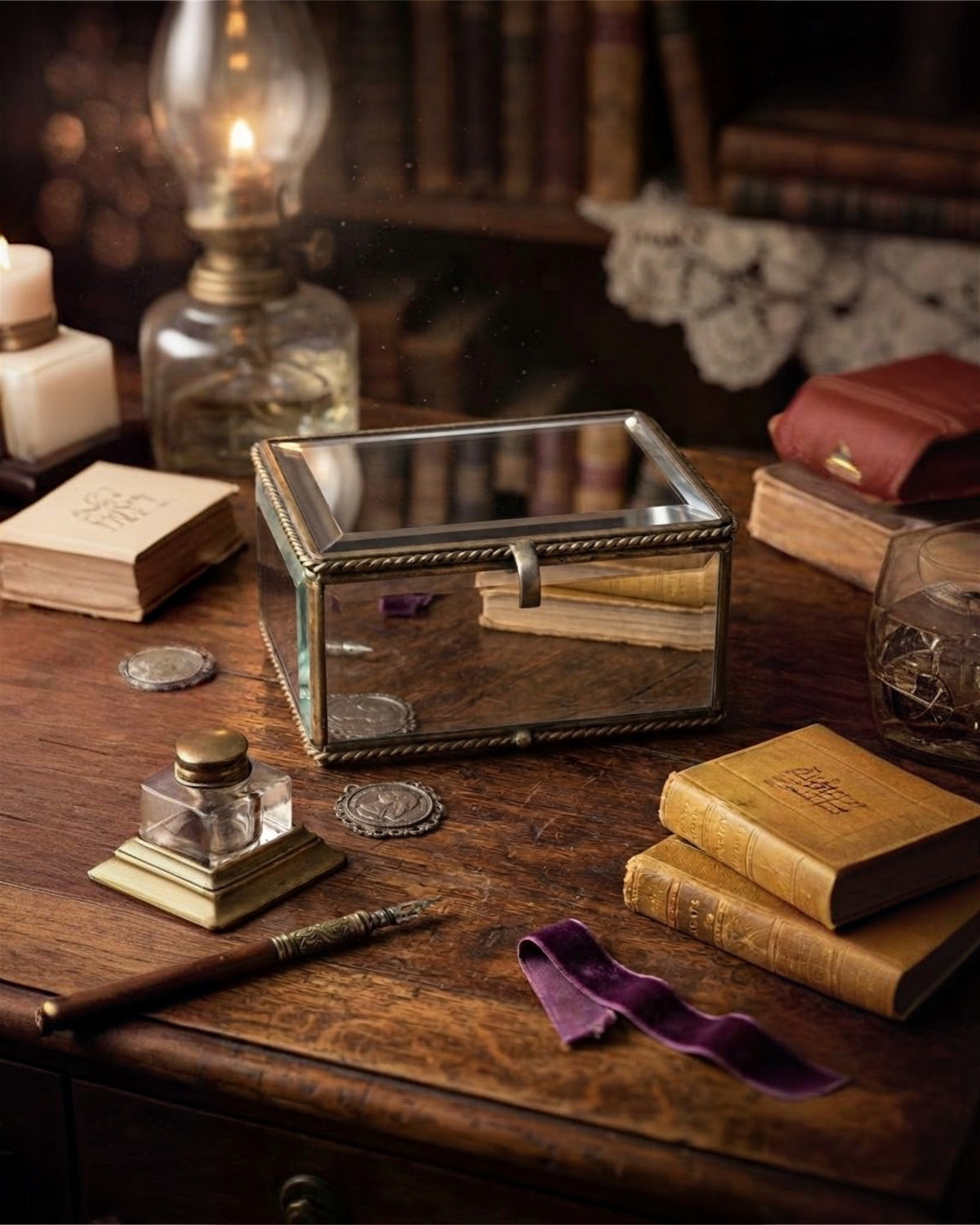 Vintage Brass & Bevelled Glass Trinket Box | Purple Lid | Rope Twist Frame | Jewellery Box