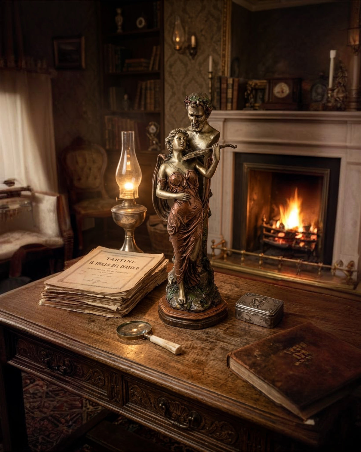 "The Devil's Trill" – Monumental 27" Satyr and Violinist Allegorical Bronze-Finished Statue