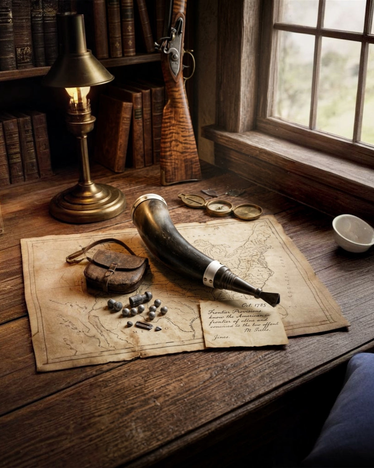 Antique Powder Horn | Natural Horn with Brass Tacks & Metal Spout | Black Powder Muzzleloader